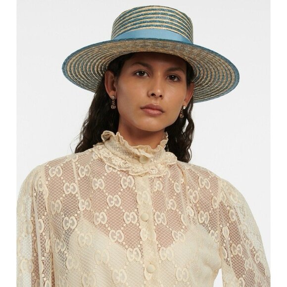NWT GUCCI BLUE STRAW STRIPED HAT BOATER 100% Authentic Size M - Picture 4 of 10
